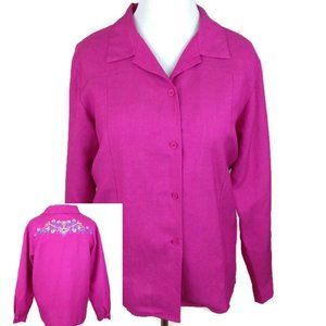 Susan Graver Linen Blend Blouse Embroidery Bead Pink LS Top Womens Sz. L Large